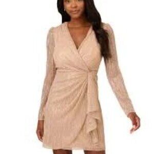 Adrianna Papell Draped Metallic Long Sleeved Mesh Faux Wrap Dress, Size 4